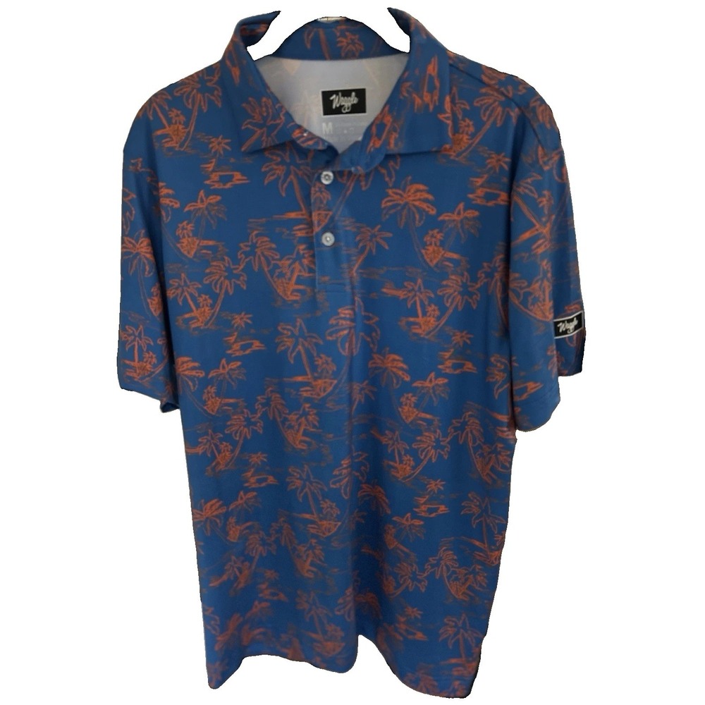 Waggle Men's Size Medium Blue Palms Tropical Polo Shirt Short Sleeve Collar Golf - Picture 1 of 4